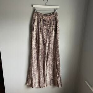 Zimmerman Pink Brown Snakeskin Print High Waist Button Wide Leg Silk Trousers 6